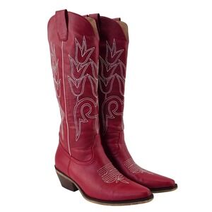 Marfa Boots Womens Red Western Cowboy Tall Boots White Stitching US 6.5